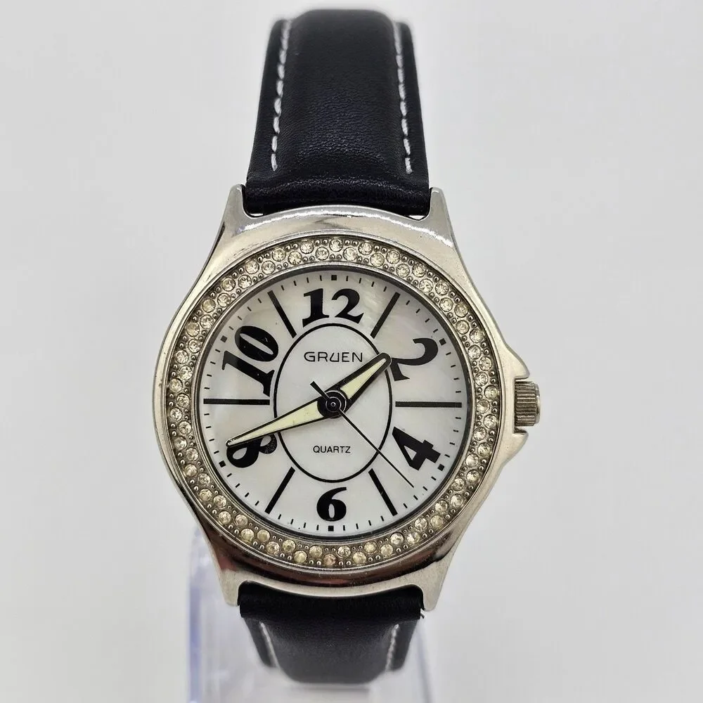 Gruen Women's Watch 36MM White Dial New Black White Leather Bands New‎ Battery